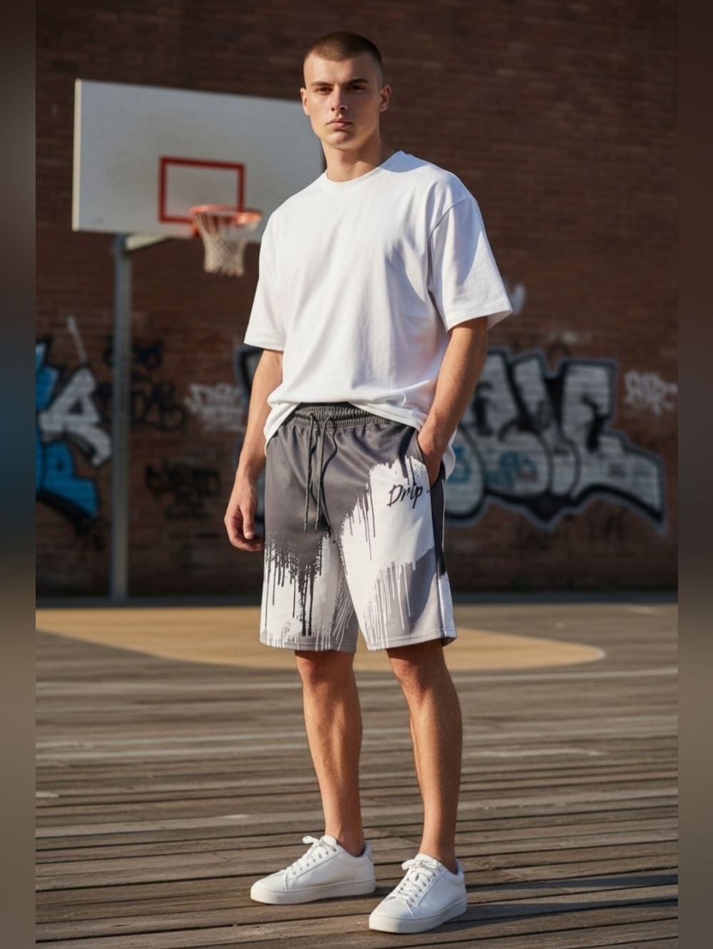Encrypted Size L"Drip" Pattern Black/ White Drawstring Pocket Street Wear Shorts